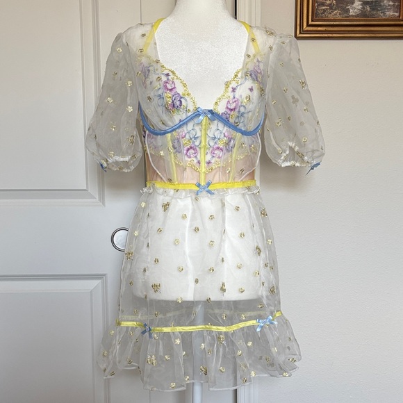 For Love And Lemons 🍋 Lavender Meadows dress Sheer Chemise in Yellow and Blue - Picture 2 of 9